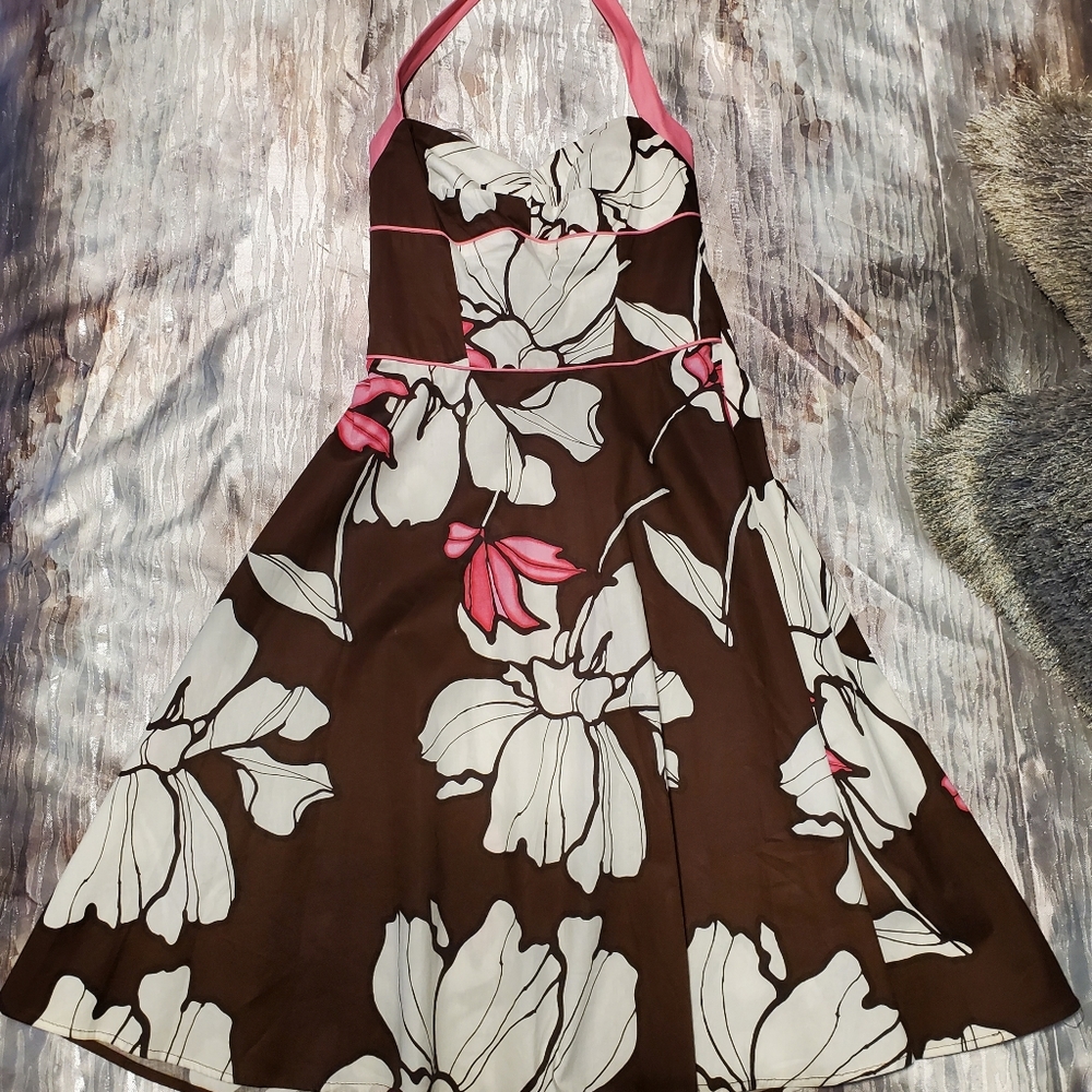 Pretty Pink and Brown Halter Summer Dress